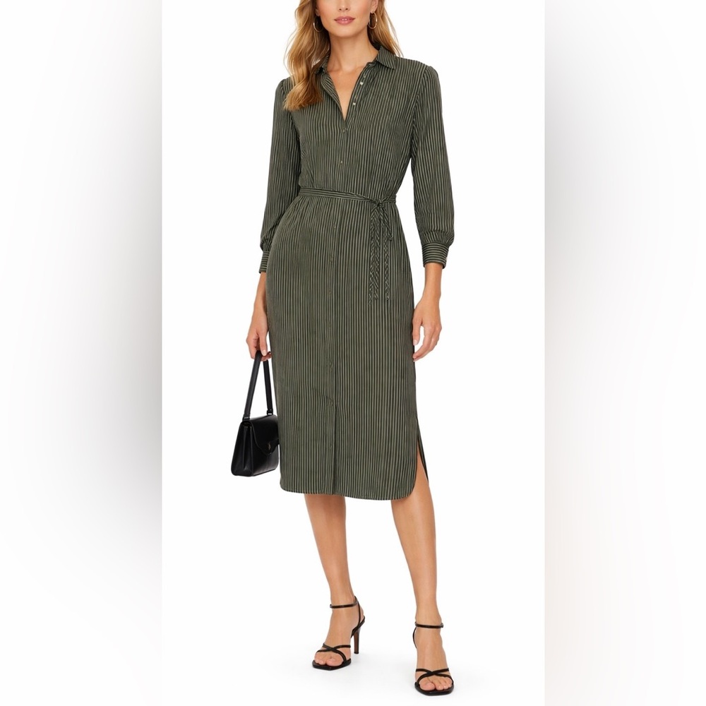 Theory Dark Green Multi Bengal Striped Print Shirt Dress Size L Classic Preppy